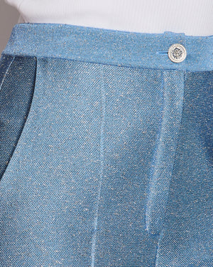 Chanel Light Blue Shimmery Wide-Leg Trousers with Silver Crystal Embellished Logo Buttons Size FR 36 (UK 8)