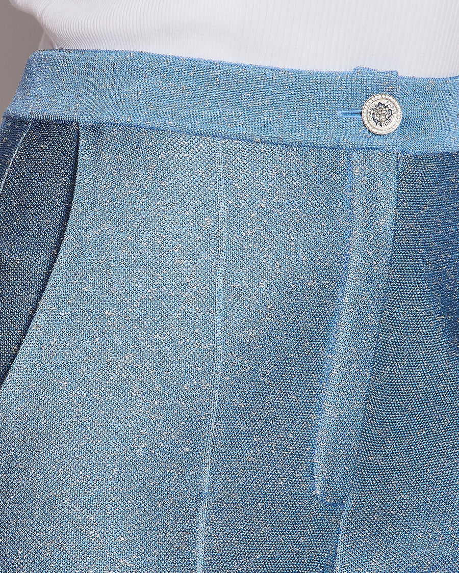 Chanel Light Blue Shimmery Wide-Leg Trousers with Silver Crystal Embellished Logo Buttons Size FR 36 (UK 8)