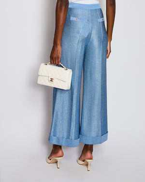 Chanel Light Blue Shimmery Wide-Leg Trousers with Silver Crystal Embellished Logo Buttons Size FR 36 (UK 8)