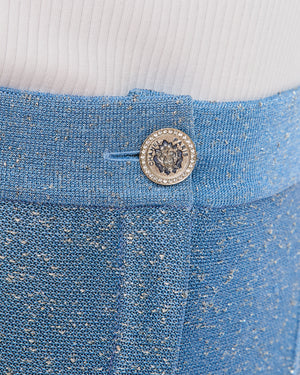 Chanel Light Blue Shimmery Wide-Leg Trousers with Silver Crystal Embellished Logo Buttons Size FR 36 (UK 8)