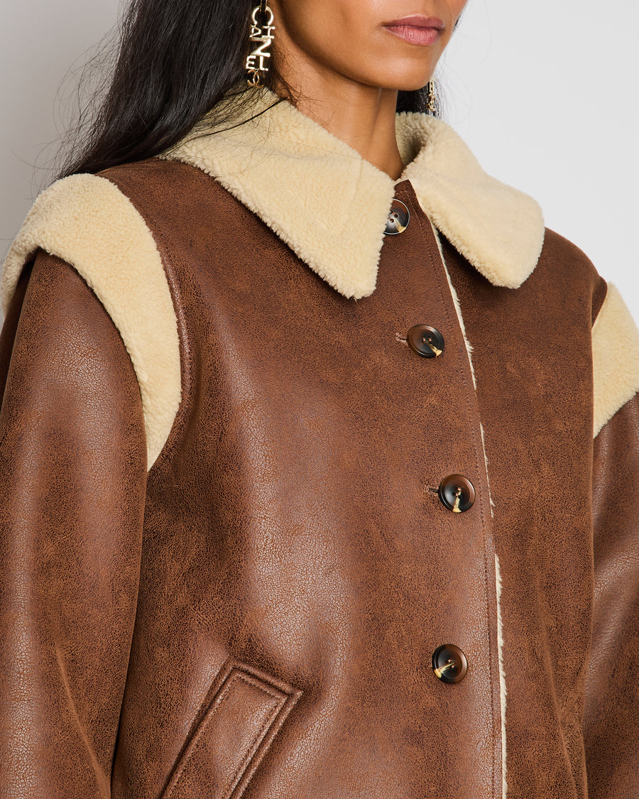 Brown Faux Shearling Button Down Flight Jacket Size S (UK 8)