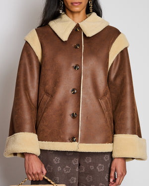 Brown Faux Shearling Button Down Flight Jacket Size S (UK 8)