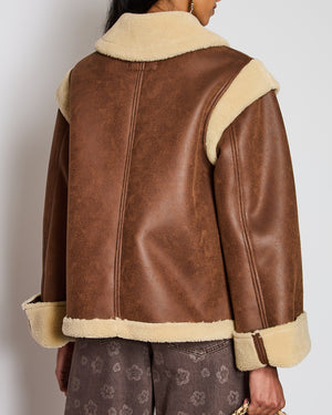 Brown Faux Shearling Button Down Flight Jacket Size S (UK 8)