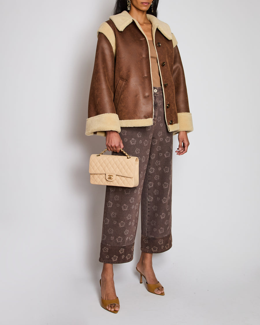 Brown Faux Shearling Button Down Flight Jacket Size S (UK 8)