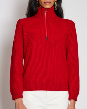 Brunello Cucinelli Red Quarter Zip Ribbed Cashmere Jumper Size S (UK 8)