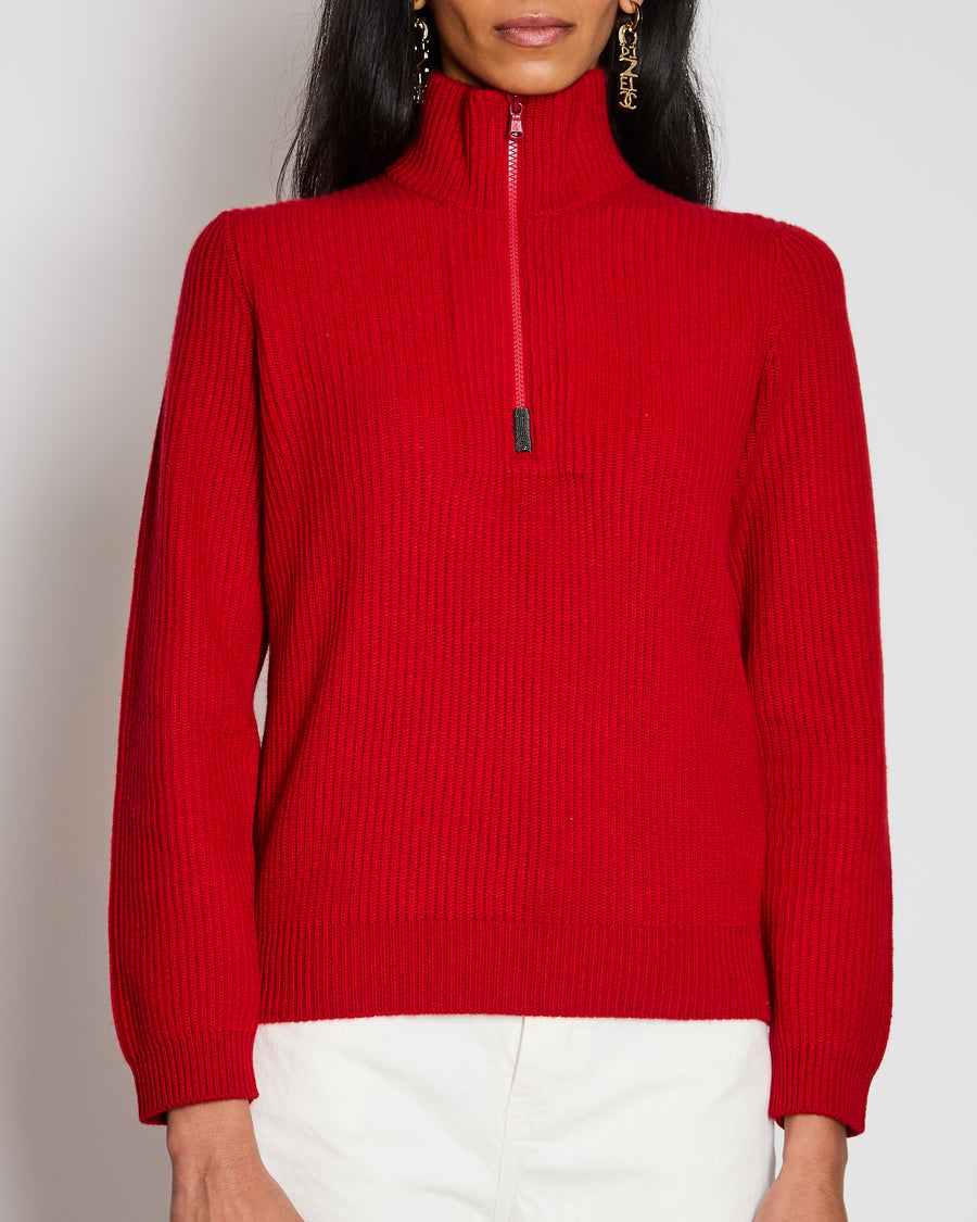 Brunello Cucinelli Red Quarter Zip Ribbed Cashmere Jumper Size S (UK 8)