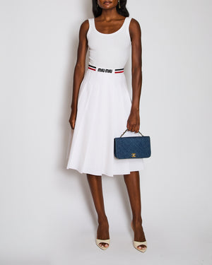 Miu Miu White Pleated Midi Skirt with Logo and Striped Waist Detail Size L (UK 14)