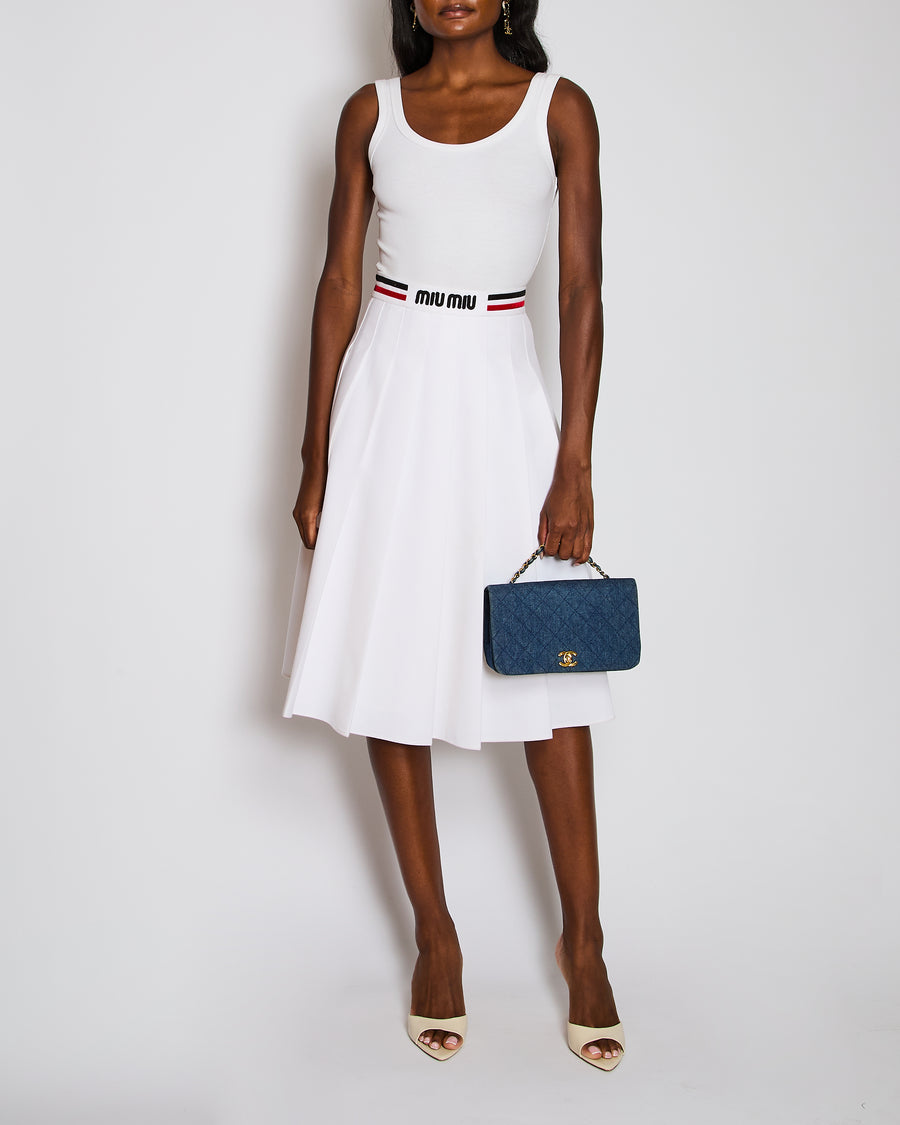Miu Miu White Pleated Midi Skirt with Logo and Striped Waist Detail Size L (UK 14)