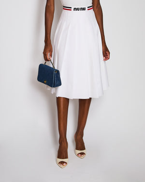Miu Miu White Pleated Midi Skirt with Logo and Striped Waist Detail Size L (UK 14)