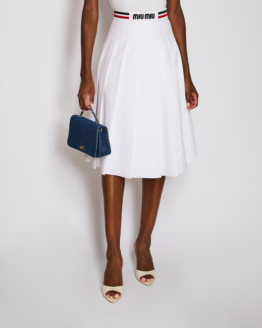 Miu Miu White Pleated Midi Skirt with Logo and Striped Waist Detail Size L (UK 14)