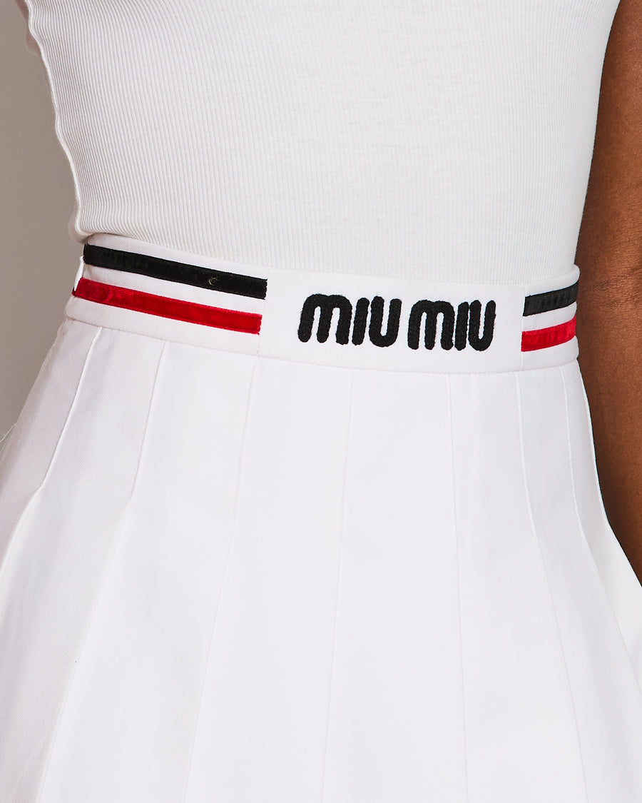 Miu Miu White Pleated Midi Skirt with Logo and Striped Waist Detail Size L (UK 14)
