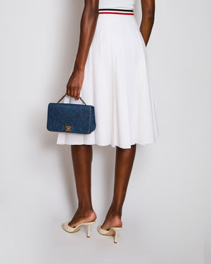 Miu Miu White Pleated Midi Skirt with Logo and Striped Waist Detail Size L (UK 14)