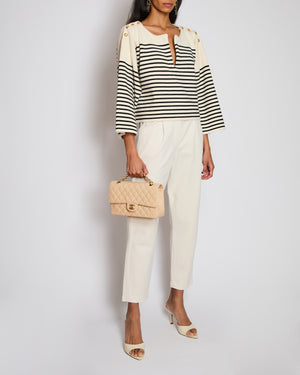 Celine White Striped V-Neck Long Sleeve Jumper with Button Detail Size S (UK 8)