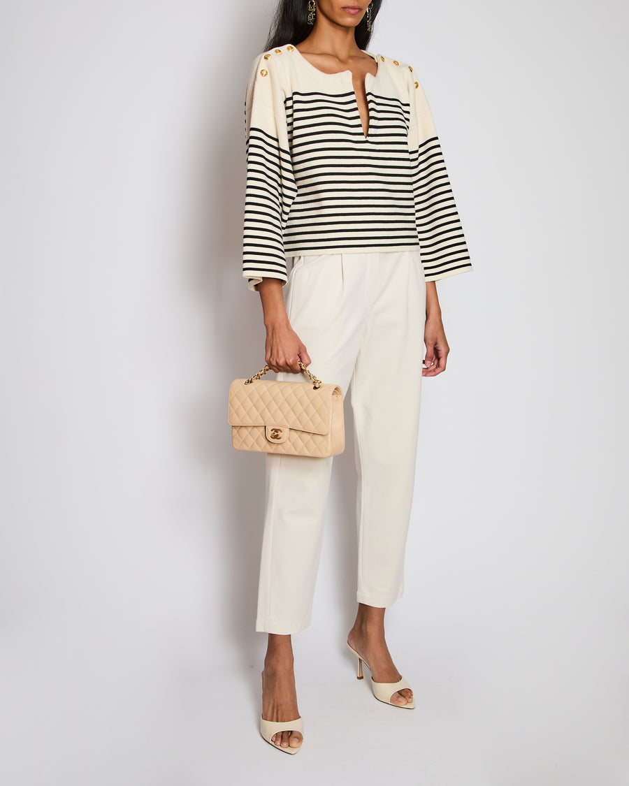 Celine White Striped V-Neck Long Sleeve Jumper with Button Detail Size S (UK 8)