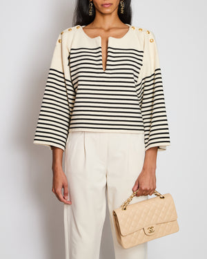 Celine White Striped V-Neck Long Sleeve Jumper with Button Detail Size S (UK 8)