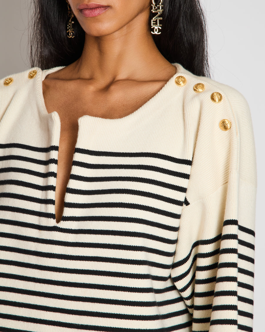 Celine White Striped V-Neck Long Sleeve Jumper with Button Detail Size S (UK 8)