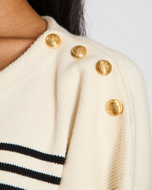 Celine White Striped V-Neck Long Sleeve Jumper with Button Detail Size S (UK 8)