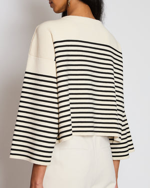 Celine White Striped V-Neck Long Sleeve Jumper with Button Detail Size S (UK 8)