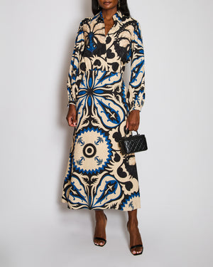 Johanna Ortiz Blue Long Sleeve V-Neck Abstract Print Midi Dress Size US 8 (UK 12)
