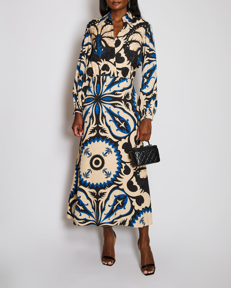 Johanna Ortiz Blue Long Sleeve V-Neck Abstract Print Midi Dress Size US 8 (UK 12)