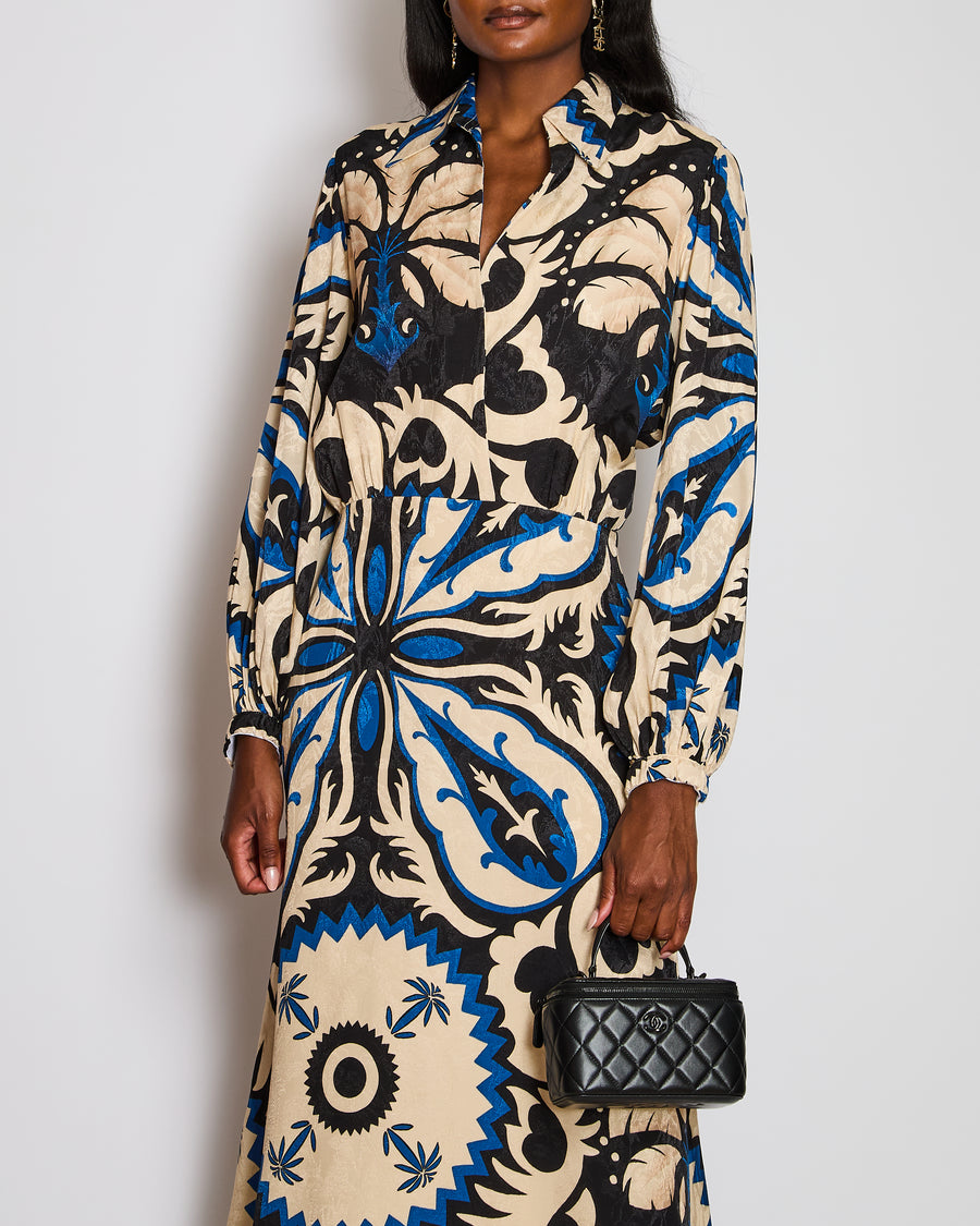 Johanna Ortiz Blue Long Sleeve V-Neck Abstract Print Midi Dress Size US 8 (UK 12)