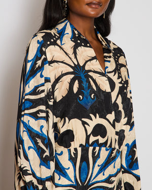 Johanna Ortiz Blue Long Sleeve V-Neck Abstract Print Midi Dress Size US 8 (UK 12)