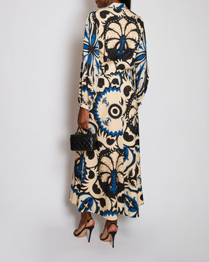Johanna Ortiz Blue Long Sleeve V-Neck Abstract Print Midi Dress Size US 8 (UK 12)