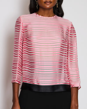 Chanel Pink Striped Long Sleeve Blouse with Satin Trim Detail Size FR 40 (UK 12)