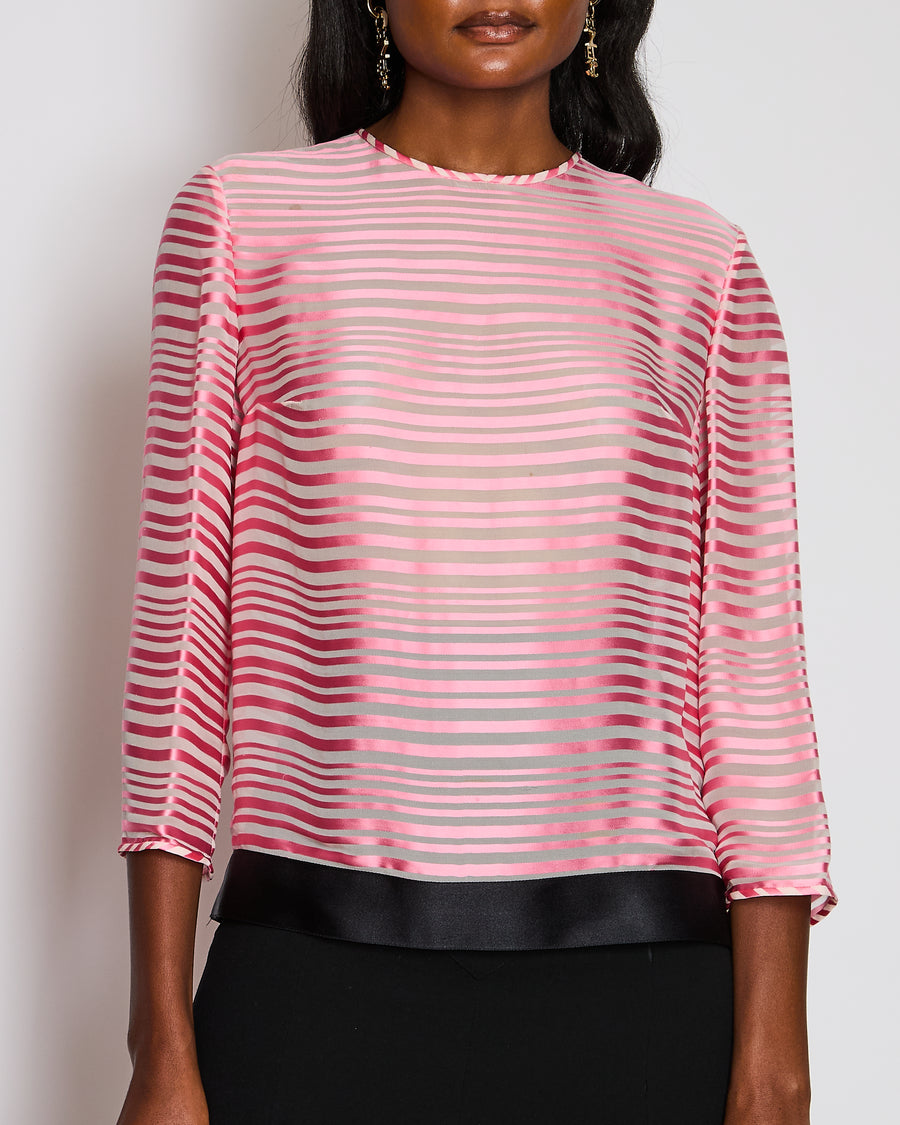 Chanel Pink Striped Long Sleeve Blouse with Satin Trim Detail Size FR 40 (UK 12)