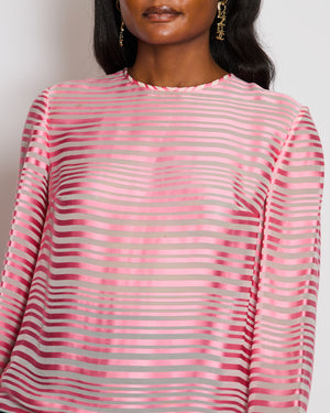 Chanel Pink Striped Long Sleeve Blouse with Satin Trim Detail Size FR 40 (UK 12)