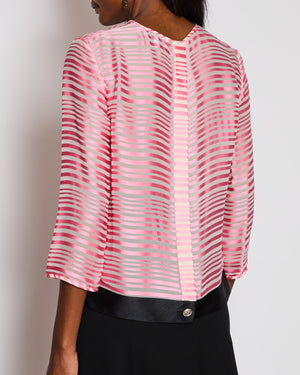 Chanel Pink Striped Long Sleeve Blouse with Satin Trim Detail Size FR 40 (UK 12)