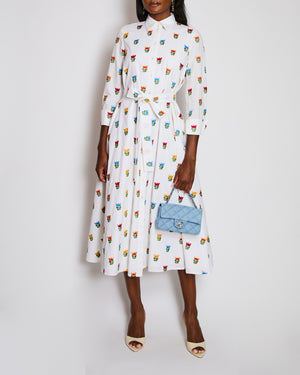 Carolina Herrera White Maxi Shirt Dress with Floral Embroidery and Tie Belt Size US 2 (UK 6)