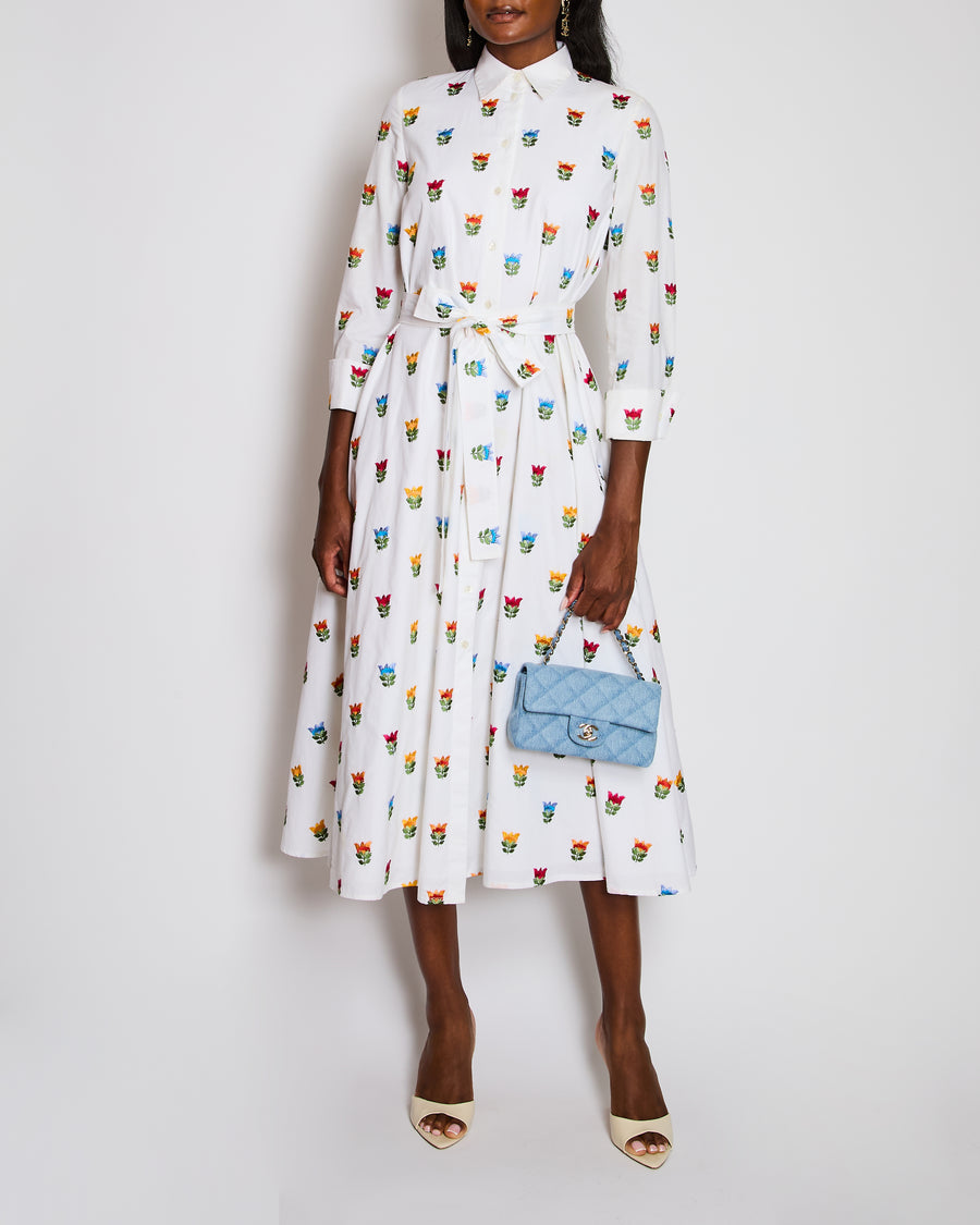 Carolina Herrera White Maxi Shirt Dress with Floral Embroidery and Tie Belt Size US 2 (UK 6)