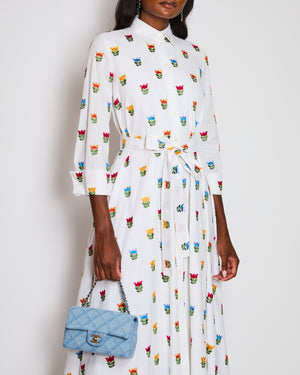 Carolina Herrera White Maxi Shirt Dress with Floral Embroidery and Tie Belt Size US 2 (UK 6)