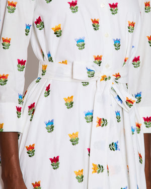 Carolina Herrera White Maxi Shirt Dress with Floral Embroidery and Tie Belt Size US 2 (UK 6)