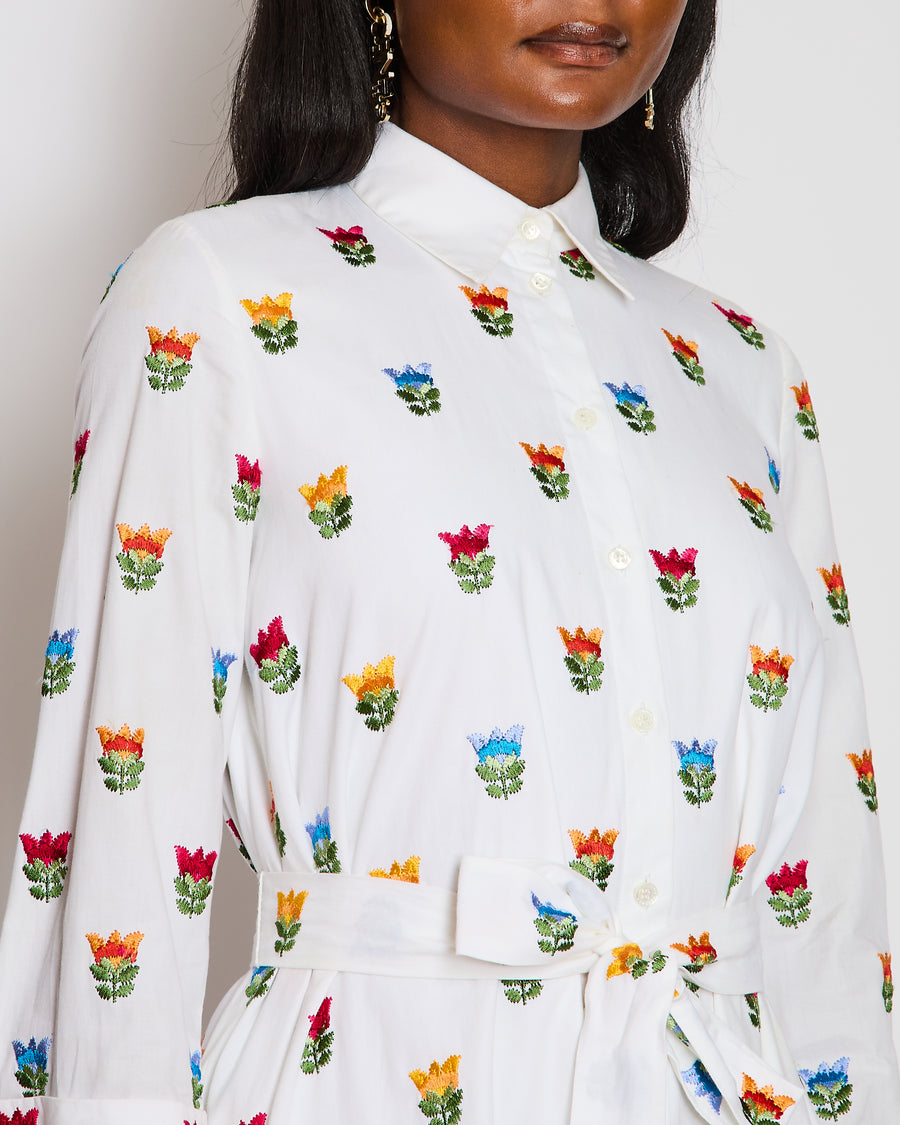 Carolina Herrera White Maxi Shirt Dress with Floral Embroidery and Tie Belt Size US 2 (UK 6)