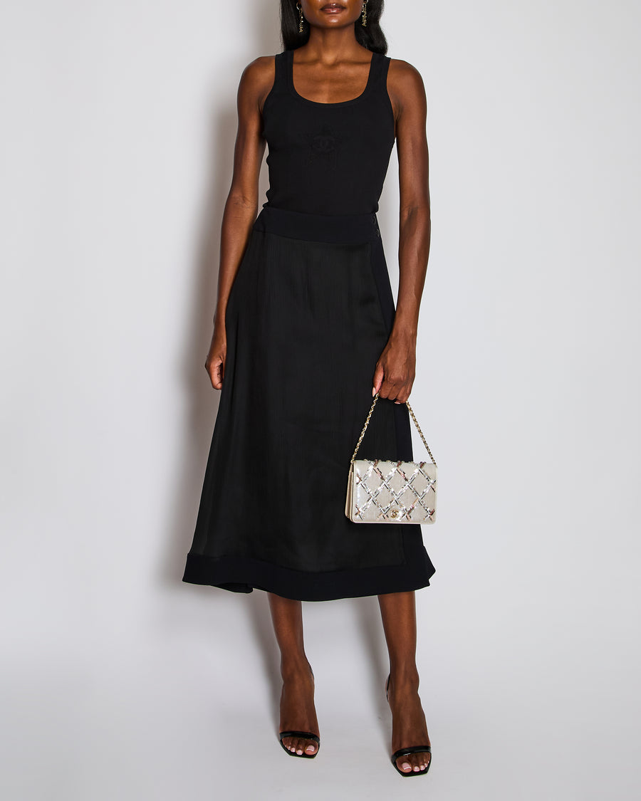 Chanel 02/P Navy and Black Silk Midi Skirt with CC Button Detail Size FR 40 (UK 12)