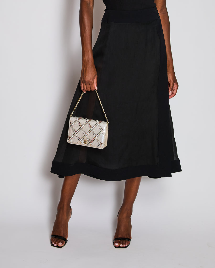 Chanel 02/P Navy and Black Silk Midi Skirt with CC Button Detail Size FR 40 (UK 12)