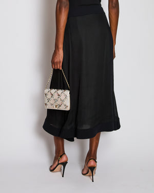 Chanel 02/P Navy and Black Silk Midi Skirt with CC Button Detail Size FR 40 (UK 12)