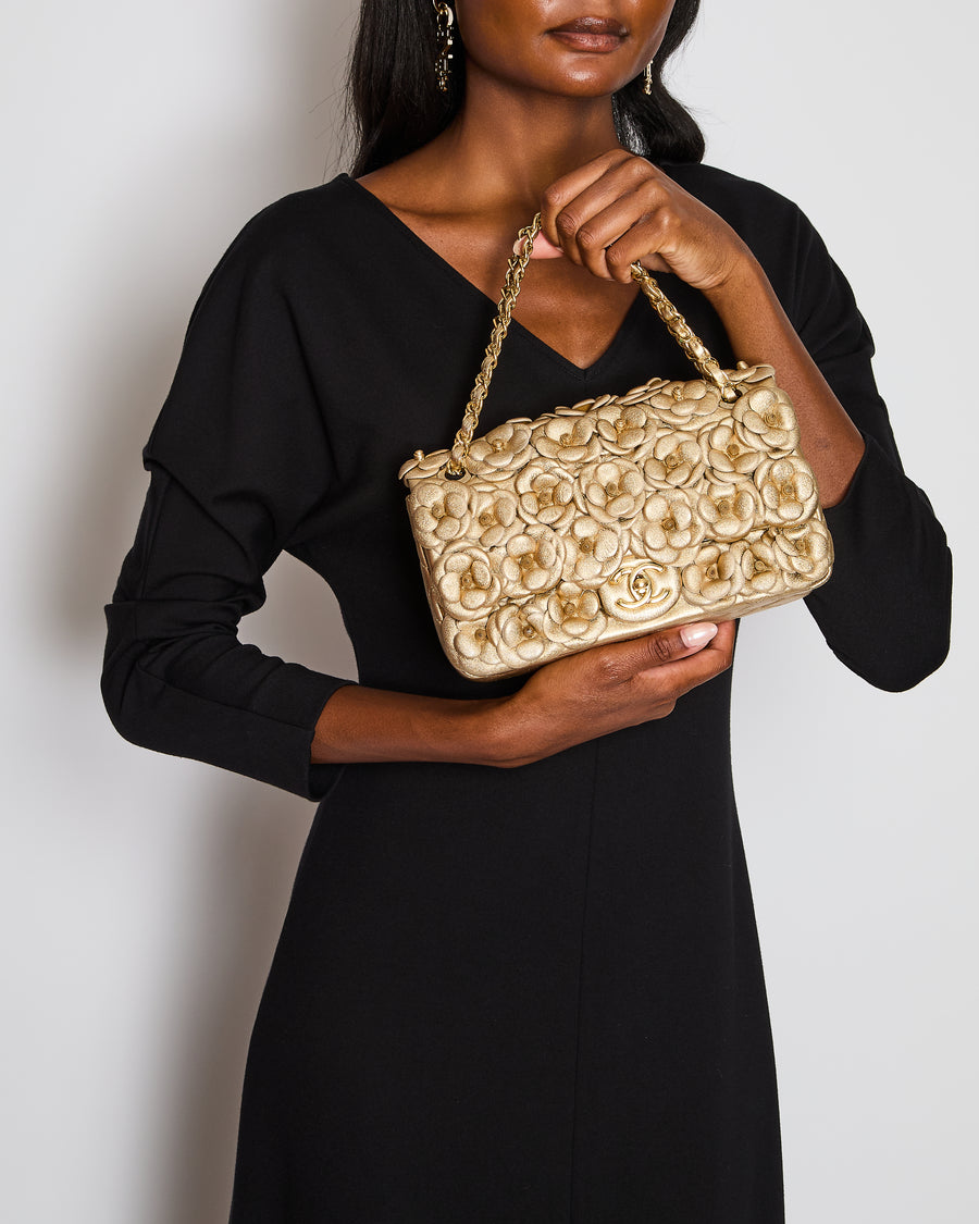 Chanel Camelia Flap Bag in Metallic Gold Lambskin Leather with Champagne Gold Hardware & Embellishment Details