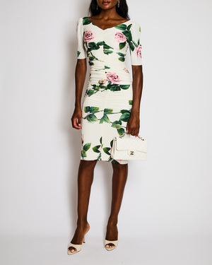 Dolce & Gabbana White Silk Ruched Midi Dress with Pink and Green Rose Prints Size IT 36 (UK 4)