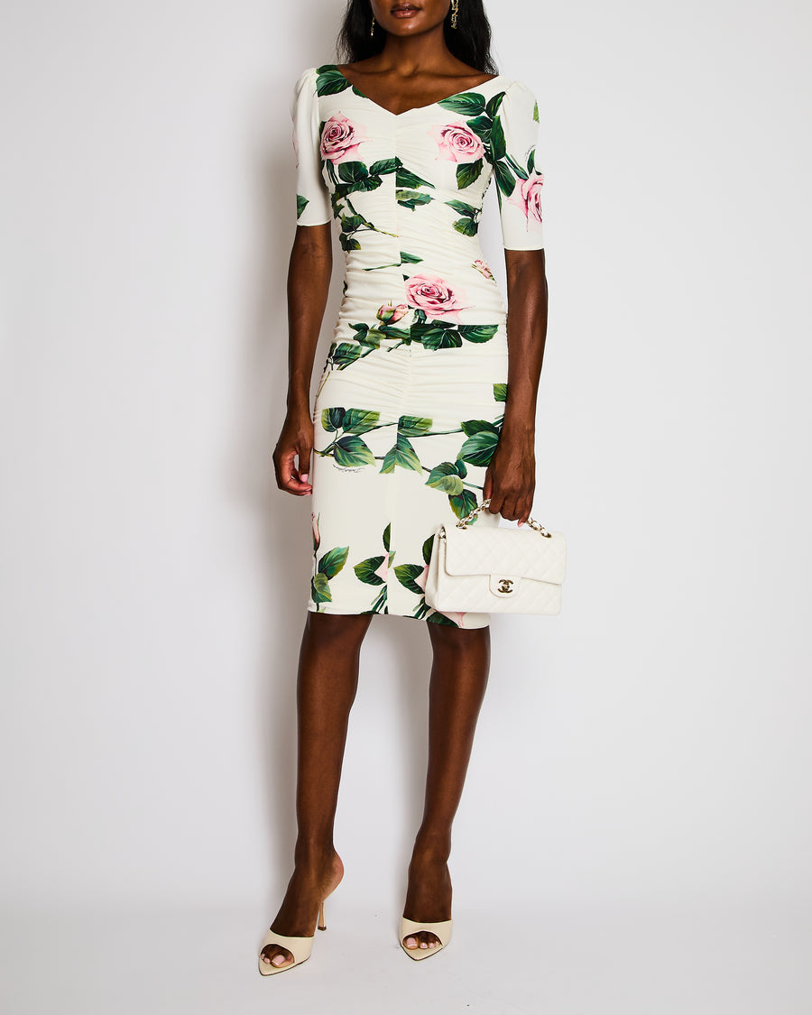Dolce & Gabbana White Silk Ruched Midi Dress with Pink and Green Rose Prints Size IT 36 (UK 4)