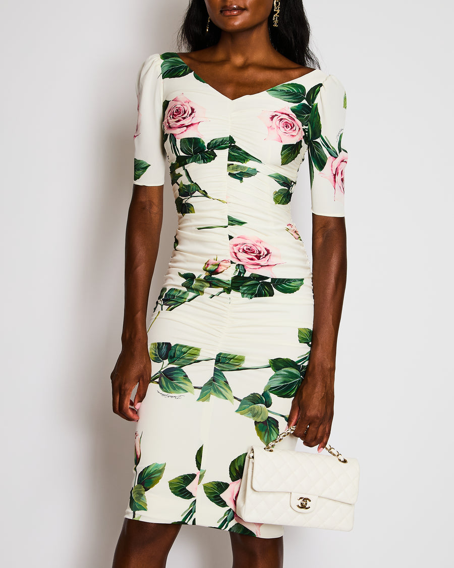 Dolce & Gabbana White Silk Ruched Midi Dress with Pink and Green Rose Prints Size IT 36 (UK 4)