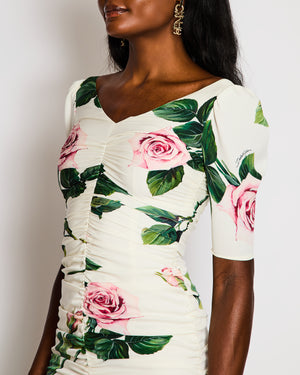 Dolce & Gabbana White Silk Ruched Midi Dress with Pink and Green Rose Prints Size IT 36 (UK 4)