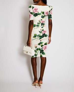 Dolce & Gabbana White Silk Ruched Midi Dress with Pink and Green Rose Prints Size IT 36 (UK 4)