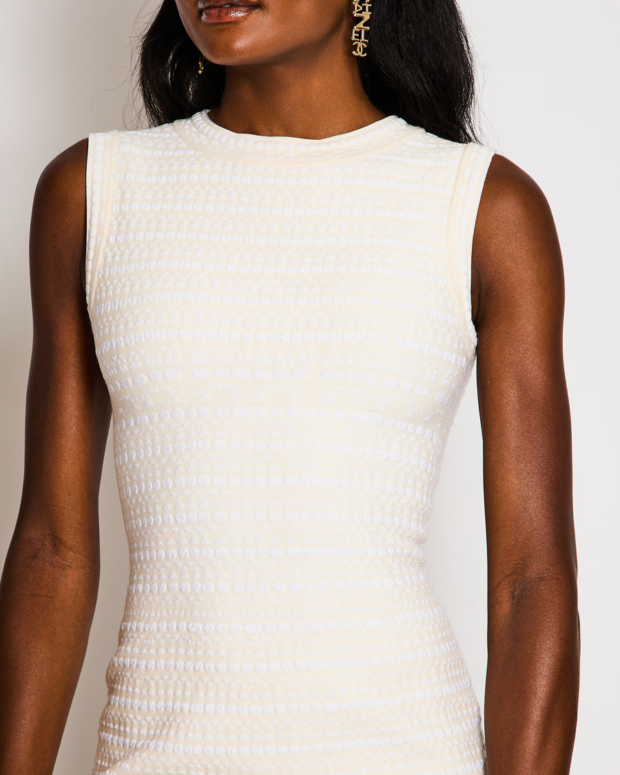 Alaïa Cream and White Wool Blend Textured Sleeveless Mini Dress with Scalloped Trim Detail Size FR 36 (UK 8)
