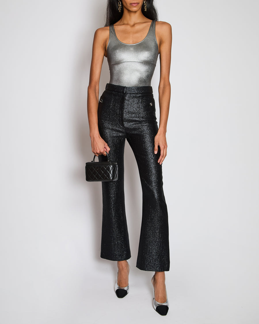 Chanel 20/A Black Iridescent Straight Leg Trouser with CC Button Detail Size FR 34 (UK 6)