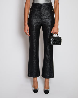 Chanel 20/A Black Iridescent Straight Leg Trouser with CC Button Detail Size FR 34 (UK 6)