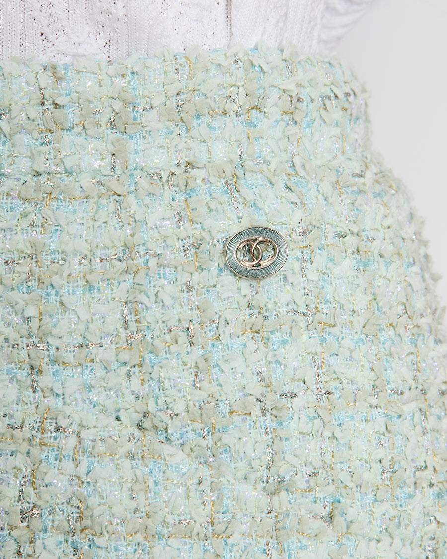 Chanel 20/P Turquoise and Gold Tweed Iridescent Skirt with Pockets and CC Button Detail FR 34 (UK 6) RRP £2100