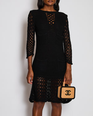 Chanel 15/P Black Crochet Midi Long-sleeve Openwork Dress with CC logo Pearl Buttons Size UK 8/10